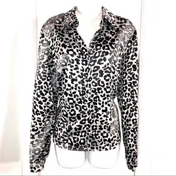 Vintage Tops - Trendy Leopard Print Satin Blouse, Size L